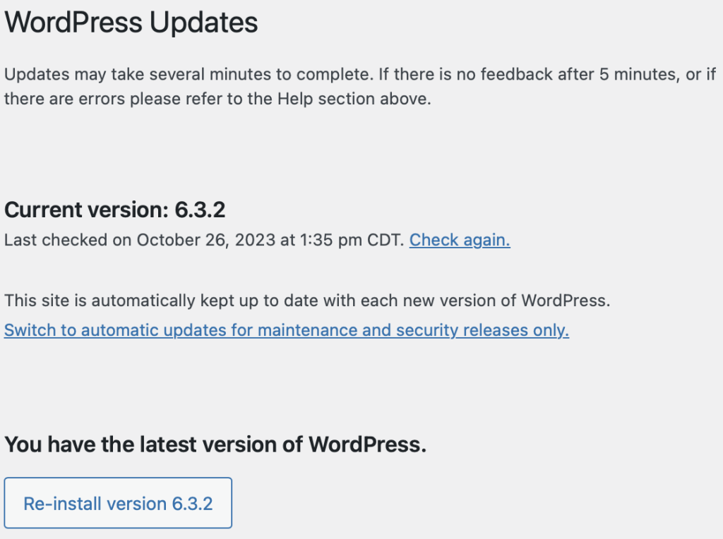 The WordPress updates screen shows that the latest version of WordPress is already installed.